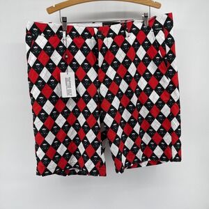Tattoo Golf Shorts Mens 40 Red Black Argyle Skull Golf Clubs All Over Print